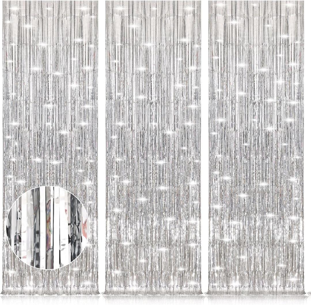 Accevo Silver Party Streamers 3Pack Metallic Tinsel Foil Fringe Curtains 3.2ft x 8.2ft Party Decorations for Photo Booth Photoshoot Birthday Bridal Shower Engagement Bachelorette Disco Party Decor (3 Pack, Silver)