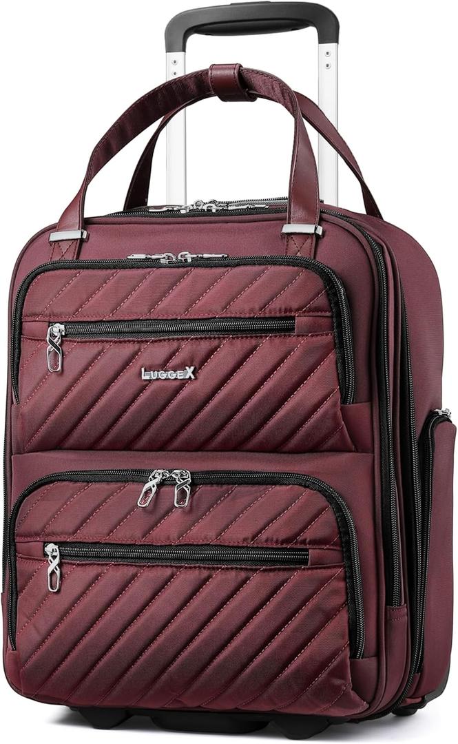 LUGGEX Underseat Carry On Luggage with Wheels, UDK Stylish Lightweight Under Seat Luggage, Soft Sided Personal Item Suitcase for Short Trip (UX-Core, Dark Scarlet, 16 Inch)