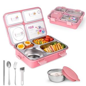 SAYAPE Stainless Steel Adult Lunch Box, 28.7oz 4-Compartment Cute Bento Box Kids Snack Containers with 5oz Soup/Condiment Cup, Food Storage Containers with Utensils and Small Cleaning Brush Set - Pink