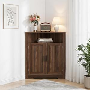 Smuxee Bathroom Corner Cabinet, Floor Corner Storage Cabinet with Fluted Door and Adjustable Shelf, Walnut Narrow Cabinet Organizer for Bathroom, Kitchen, Living Room, 14.5''D x 27.5''W x 31.5''H