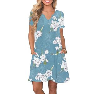 PLOKNRD Women's Casual Dress Summer Short Sleeve T-Shirt Dress Crew Neck Basic Dresses 2025 (Flower White Blue, 2XL)