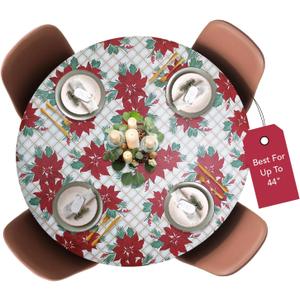 Covers For The Home Deluxe Elastic Edged Flannel Backed Vinyl Fitted Table Cover - Christmas Flower Pattern - Small Round - Fits Tables up to 40" - 44" Diameter