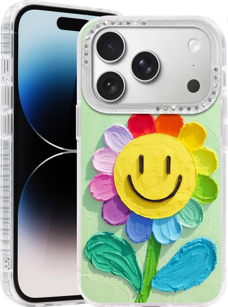 Compatible with iPhone 17 Pro Case,with [Soft Slim][Camera Protection] Cute Rainbow Flower Aesthetic Phone Cover Anti-Yellowing Shockproof Protective Cover for Women Girl-Green