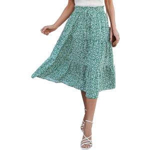 Women's Boho Floral Tiered Midi Skirt Elastic Waisted Pleated A-line Casual Summer Long Skirt (Green)