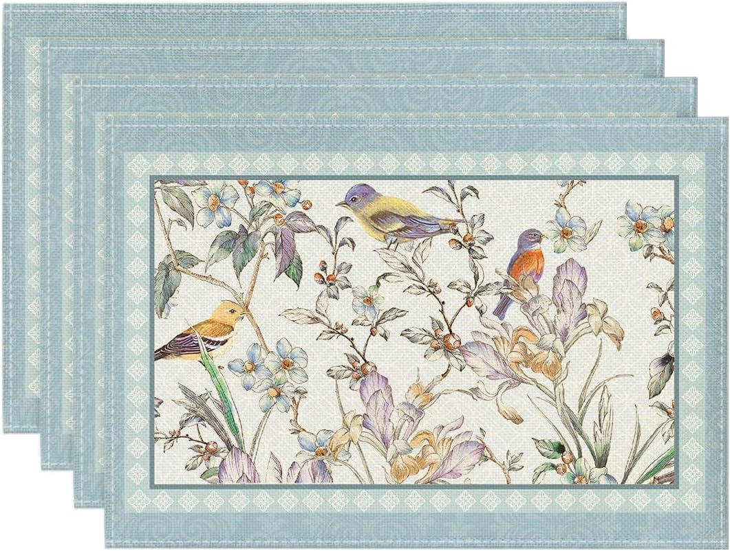 Artoid Mode Blue Birds Flowers Blossom Placemats Set of 4, 12x18 Inch Table Mats for Table Runner Party Kitchen Dining Decoration