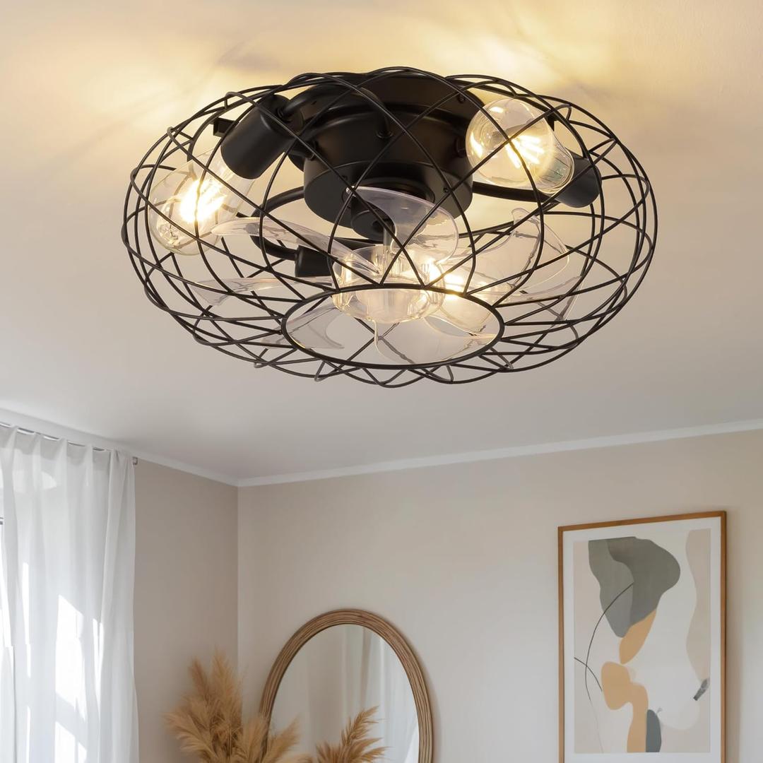 KDG 15.8 Retro Low Profile LED Ceiling Fans with Light, Reversible Ceiling Fans Flush Mount with Remote and 6 Speeds, E26 Base Buld for Bedroom, Dinning Room, Kids Room, Kitchen