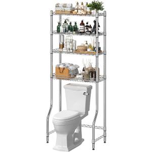 Ekisemio 4-Tier Over The Toilet Storage, Metal Bathroom Shelf with Adjustable Shelves & Basket, Space-Saving Above Toilet Organizer, Chrome