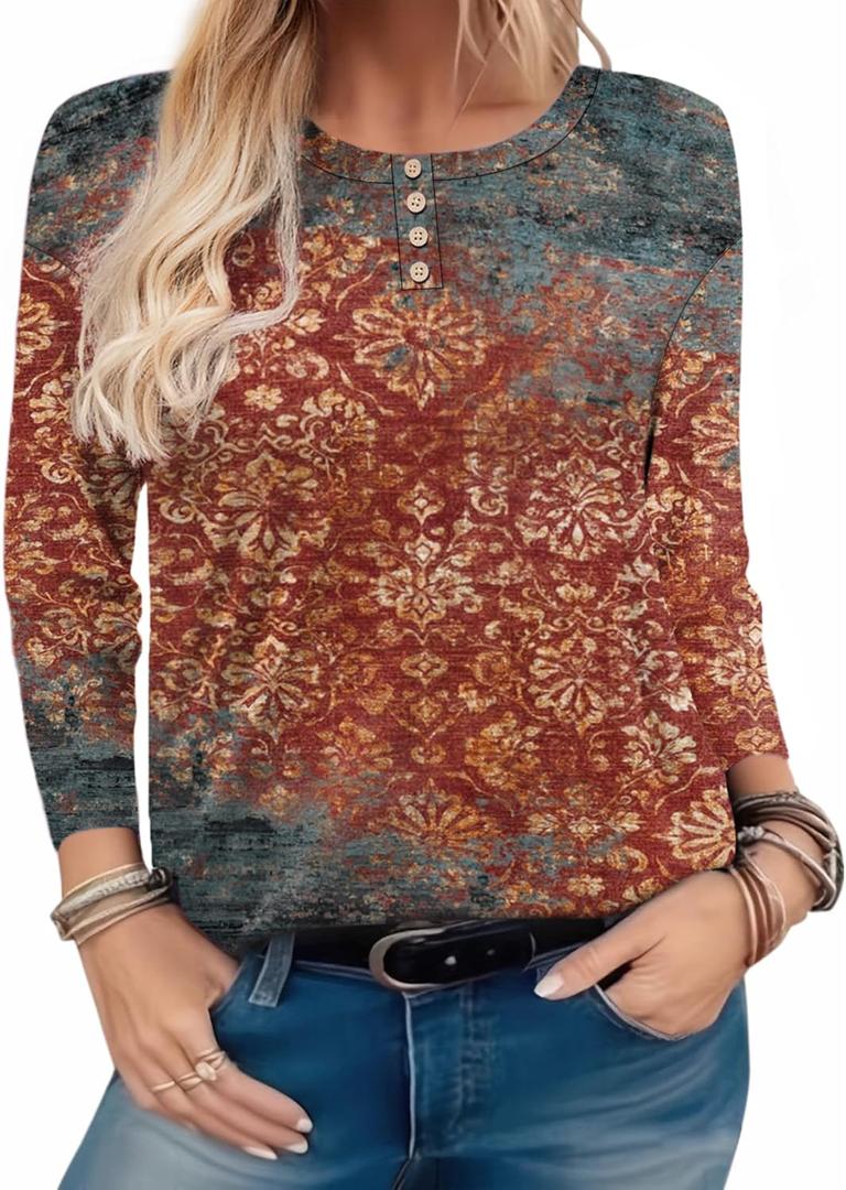 Zeagoo Long Sleeve Shirts for Women Henley T Shirts Loose Fit Tunics Dressy Casual Work Blouses Fall Fashion Tops (L)