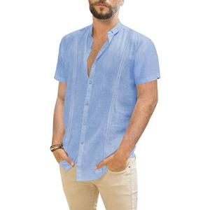 JEKAOYI Mens Casual Linen Button Down Short Sleeve Shirts Beach Summer Spread Collar Pocket Tops (Blue, L)