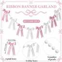Riceshoot 2 Pack 6 ft Pink and White Bow Garland Banner with Pearl Chain, Pink Baby Shower Decor for Mother's Day Bow Decor, Coquette Party, Birthday, Bridal Shower, Wedding, Engagement, Graduation