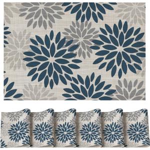 Artoid Mode Floral Vinyl Plistic Placemats Set of 6, Heat Resistant Washable Non-Slip PVC Place Mats for Party Kitchen Dining Decor, Blue Grey (12" x 18", Rectangular 6 Pcs)
