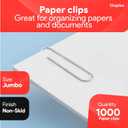 Staples Jumbo Paper Clips, Silver, NonSkid, 1,000 Pack HeavyDuty Clips for Thick Documents & Office Filing
