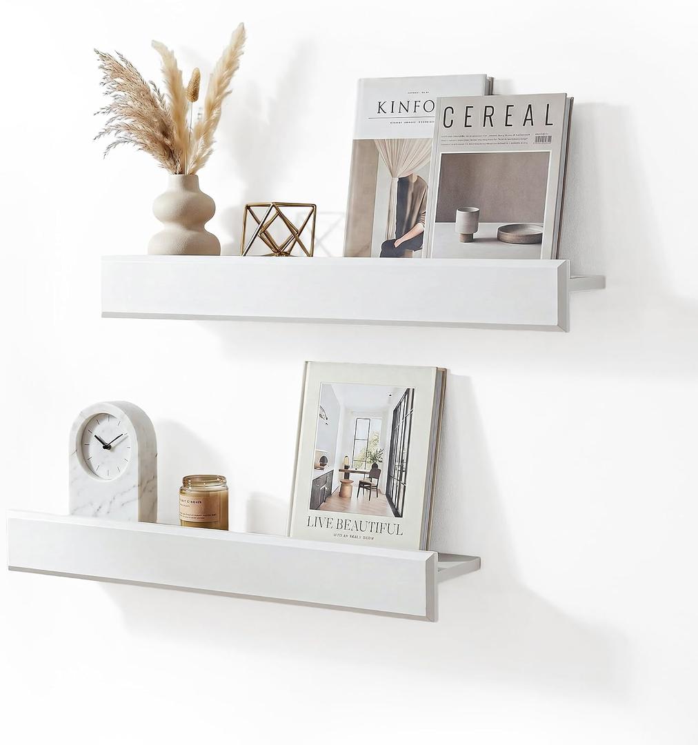 24 Inch Picture Ledge Shelf with Lip,Floating Shelves for Wall, Set of 2 Solid Pine Wood Shelves with Invisible Brackets, Wall Storage for Living Room, Bedroom, Kitchen, Bathroom(White)
