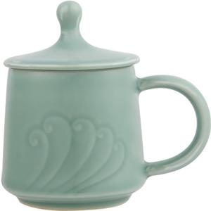 Porcelain Wave Tea Cup with Lid, 11 oz Ceramic Coffee Cup | Microwave dishwasher safe, blue tea mug, aesthetic, great gifts, Chinese celadon