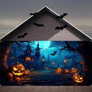 Halloween Decorations Garage Door Cover, Large Hanging Backdrop Door Cover Halloween Garage Wall Decorations for Outdoor Home Yard Garage Door Decorations Party Photo Backgrounds (6X13Ft)