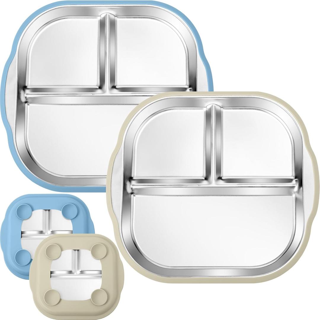 2 x BUSOHA 2 Pack Stainless Steel Kids Plate with Suction - 9.4"X 8.6" Divided Toddler Baby Plates with Silicone Sleeves 2-in-1 Non-Slip Anti Breakage Metal Toddler Bowls (Blue + Beige)