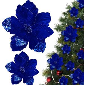 Thiccywoov Dark Blue 16 Pcs Christmas Poinsettia Flowers Decoration Artificial Velvet Flowers Glitter Magnolia Flower Ornaments for Christmas Tree Wreath Garland Decor 9.4 Inch and 6.3inch