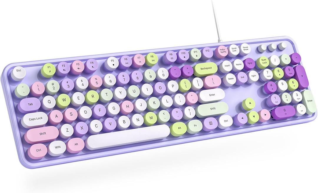 Dilter Wired Keyboard, 104 Keys Full-Sized Typewriter Keyboards, USB Office Keyboard with Number Pad, Caps Indicators, Foldable Stands for Windows, PC, Laptop, Desktop (Purple Colorful)