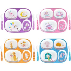 Boromine Set of 4 Divided Melamine Dinner Plates for Girls, Shatterproof Kids Dinnerware with Fun Themes (Mermaid, Unicorn, Princess, Cat), Perfect for Picky Eaters, Toddler Essentials