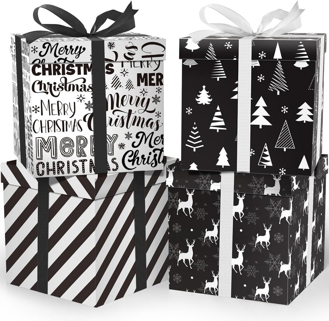 Cinrobiye 4 Pcs Christmas Gift Boxes with Lid,Ribbon and Tissue Papers,9" Black and White Christmas Winter Square Cardboard Box for Gift Wrapping Holiday Present Birthday Assorted Design (Black White)