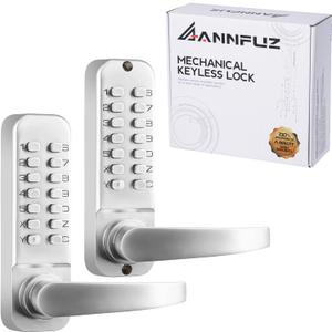 Mechanical Keyless Entry Door Hanldle Lock with Keypad,Double-Sided Push Button Passcode Opening,Interior Exterior Combination Front Door Lever Lock Set for Gates,Fences,No Battery(Silver) (Pearl Chrome)