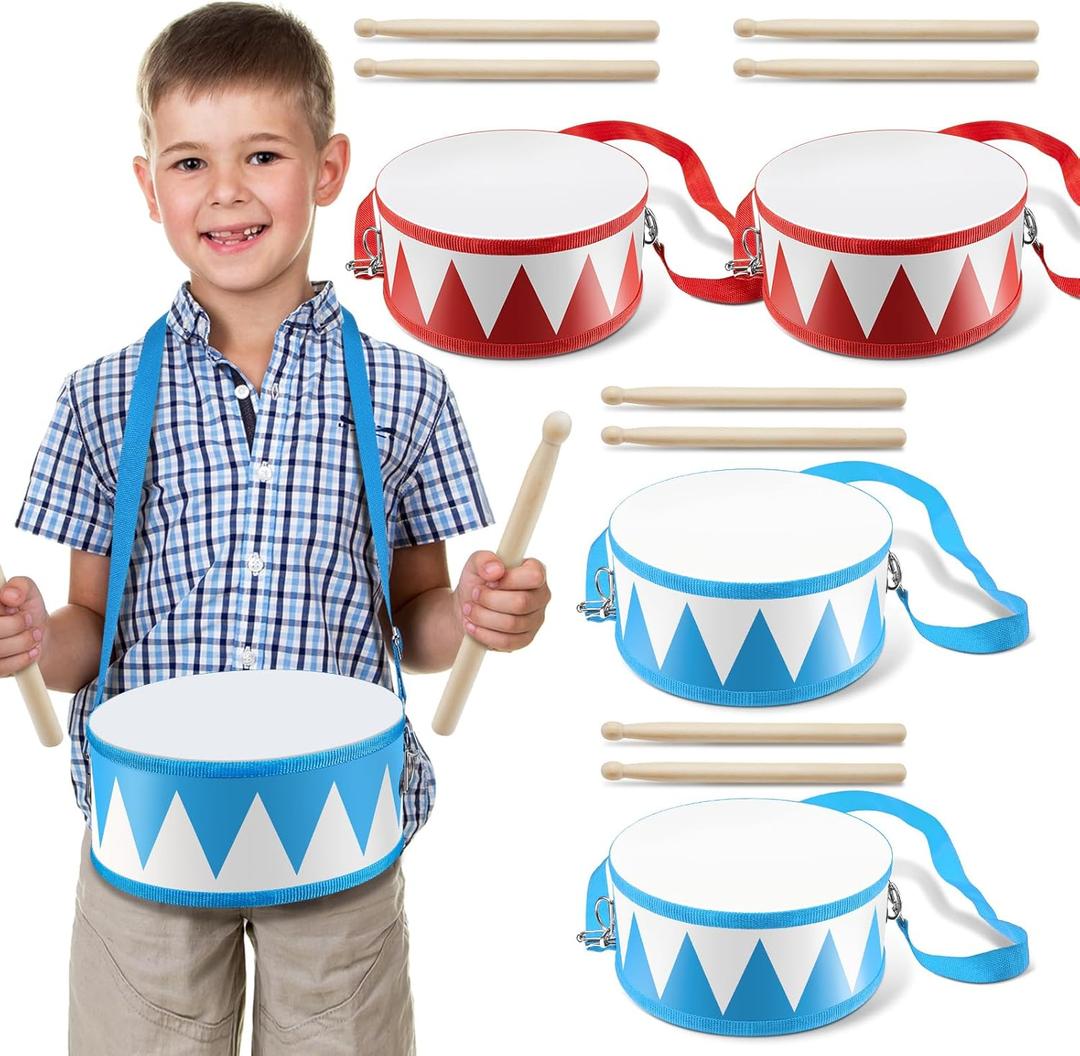 Boao 2 Pcs Kids Drum Set, 8 Inch Wooden Drum Toy with Adjustable Strap and 4 Drumsticks, Educational Sensory Musical Instrument for Toddlers Kid Baby Boys Girls Gift