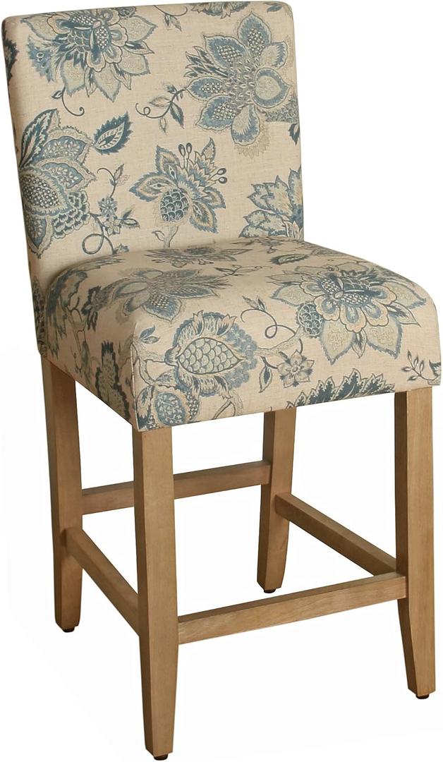 HomePop Upholstered Counter Height Barstool, 24-inch, Blue and Tan Jacobean