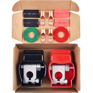 Battery Terminal Connectors, Military Spec Positive Negative Heavy Duty Auto Car Marine Battery Terminal,with 4 Pcs 2 Gauge 3/8" Copper Lugs,4 Heatshrink,2 Cover and Anti Corrosion Washers (Kit)