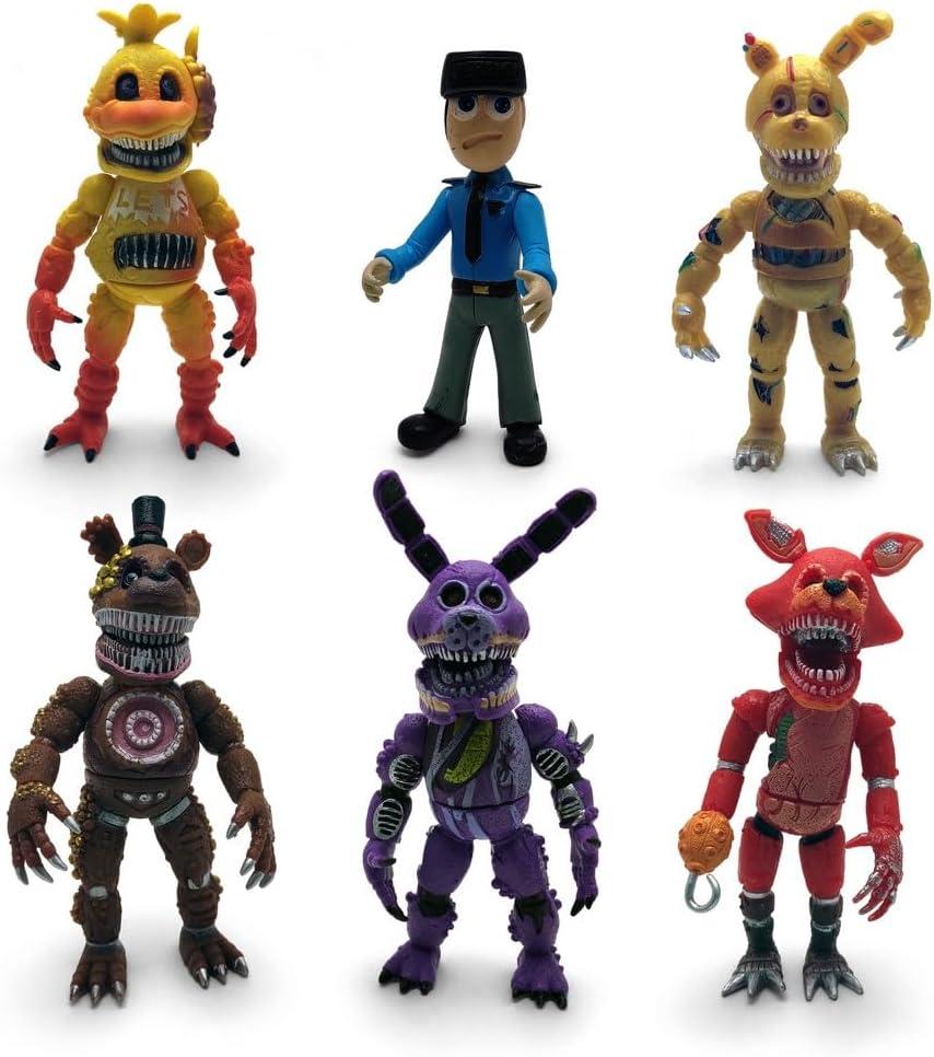 Toysvill Inspired by Five Nights at Freddy Game Action Figures Collection Toys (FNAF) Toy, Set 6 pcs, Height 6in [Nightmare Foxy, Freddy, Bonnie, Fazbear, Chica and Human Security] with Masks