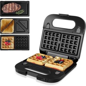 SUNVIVIPRO 3 in 1 Electric Sandwich Maker, Panini Press Grill and Waffle Iron Set, Grill and Sandwich Press with Removable NonStick Plates, Indicator Lights & Cool Touch Handle, 750W, Black
