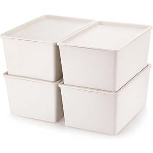 Menkxi 4 Pcs Storage Bins with Lids Plastic Stackable Containers for Organizing Shelves Christmas Ornament Box Baskets (Beige,Large)