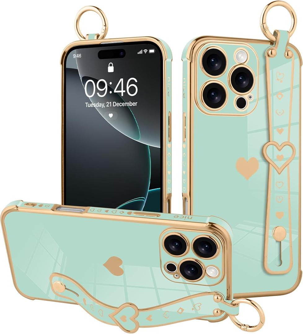 MOWIME for iPhone 16 Pro Max Case with Strap, Cute Heart Pattern for Women Girls Soft Plating Bumper Anti-Scratch Protective Cover with Wrist Band Kickstand Holder, Light Green