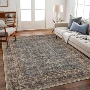 Washable Area Rug 4'x6' Traditional Floor Cover Foldable Thin Rugs Retro Kitchen Indoor Distressed Non Slip Carpet Floral Print Mat Bedroom Living Room (Blue-brown Pattern)