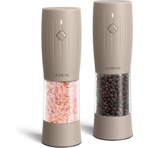 Ultrean Electric Salt and Pepper Grinder Set, Rechargeable Salt and Pepper Shakers, 6 Adjustable Coarseness, LED Light, Kitchen Gadget & Housewarming Gift, Brown