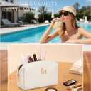 Gifts for Women Bridesmaid Gifts Personalized Initial Makeup Bag PU Leather Cosmetic Waterproof Travel Toiletry Bag (Beige M)