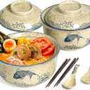 Ceramic Ramen Bowl Set of 2, Ramen Noodle Bowl with Lid 27oz Japanese Retro Style Soup, Pho, Udon Bowls, Matching Spoons and Chopsticks for Microwave & Dishwasher Safe, Fish