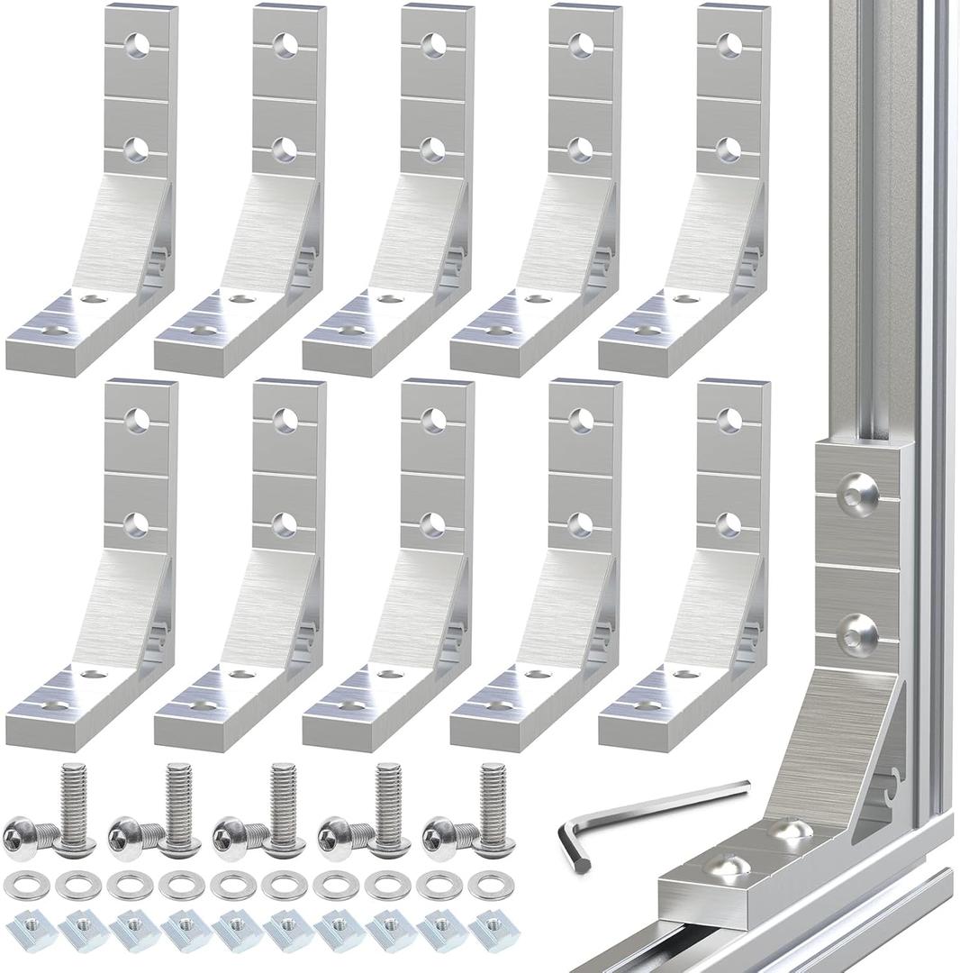 10 Sets 2020 Aluminum Extrusion Corner Brackets, Strong Heavy Duty L Shape Brackets with 40pcs M5 T-Slot Nuts, Screws, Gasket and Wrench (Silver)