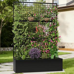 Privacy Planters for Patio Metal Raised Garden Bed with Trellis and Privacy Screen, 71"47.2"16" Planter Box with Drainage Holes for Climbing Plants, Vegetables, and Vines, Outdoor Backyard Black