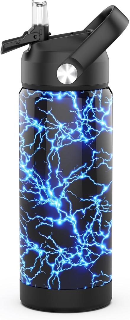 Boys Water Bottle with Straw,18 oz Kids Insulated Cups with Stainless Steel Leak Proof for School,Sport&TravelLightning