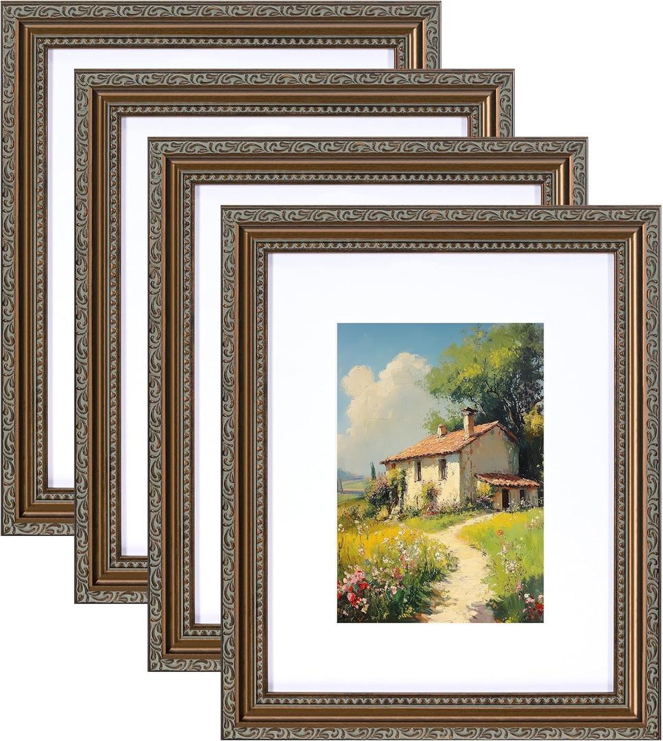 Eletecpro 8x10 Picture Frames Set of 4, Vintage Frame with Glass Cover, Photo Frames 8 x 10 Display 5x7 Photo with Mat or 8x10 without Mat for Tabletop or Wall Decor, Bronze