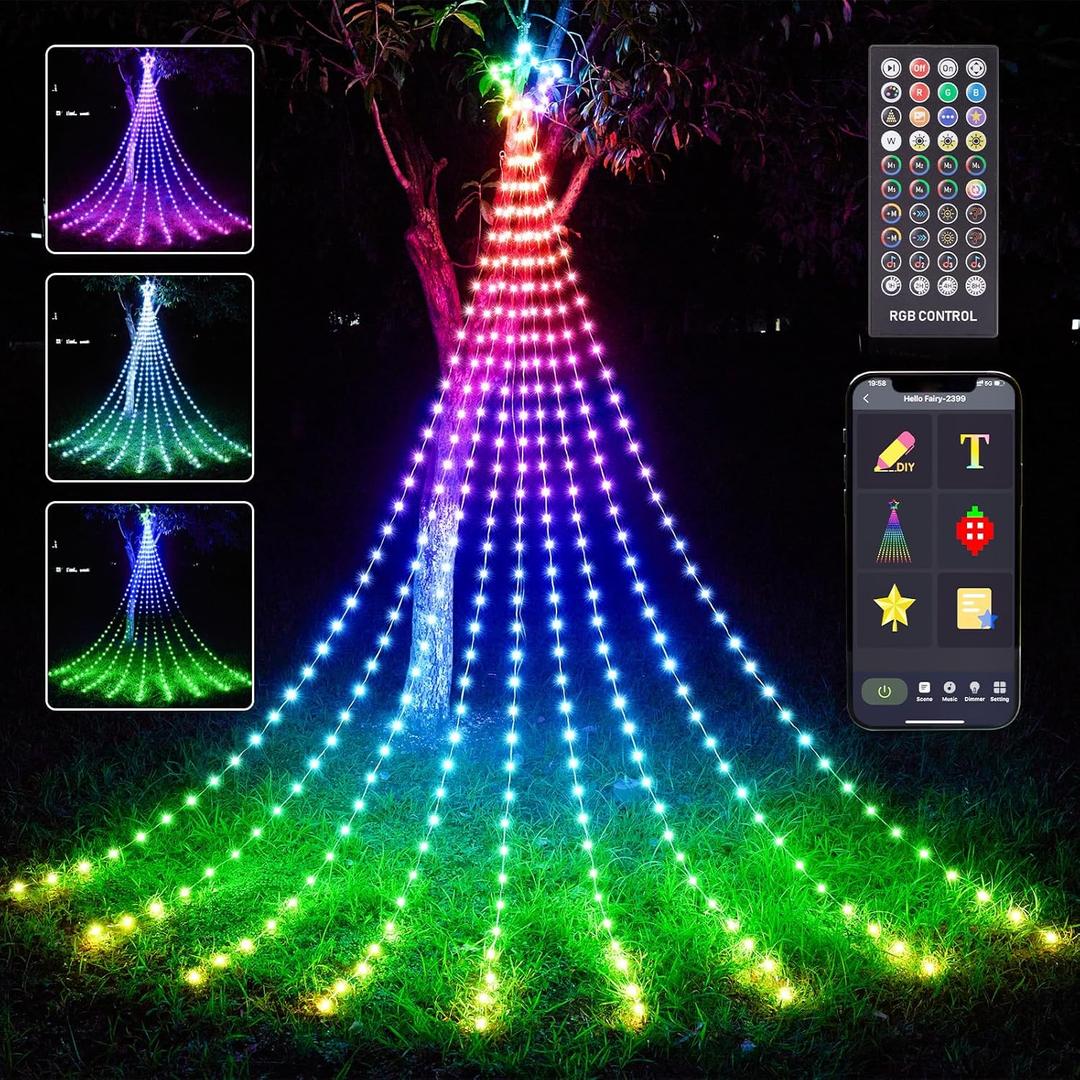 12FT Outdoor Christmas Decorations, Smart RGB Color Changing Christmas Hanging Waterfall String Lights, APP Remote Control, DIY Multi-Color Lightshow, Music Sync, Outside Xmas Lights Decor