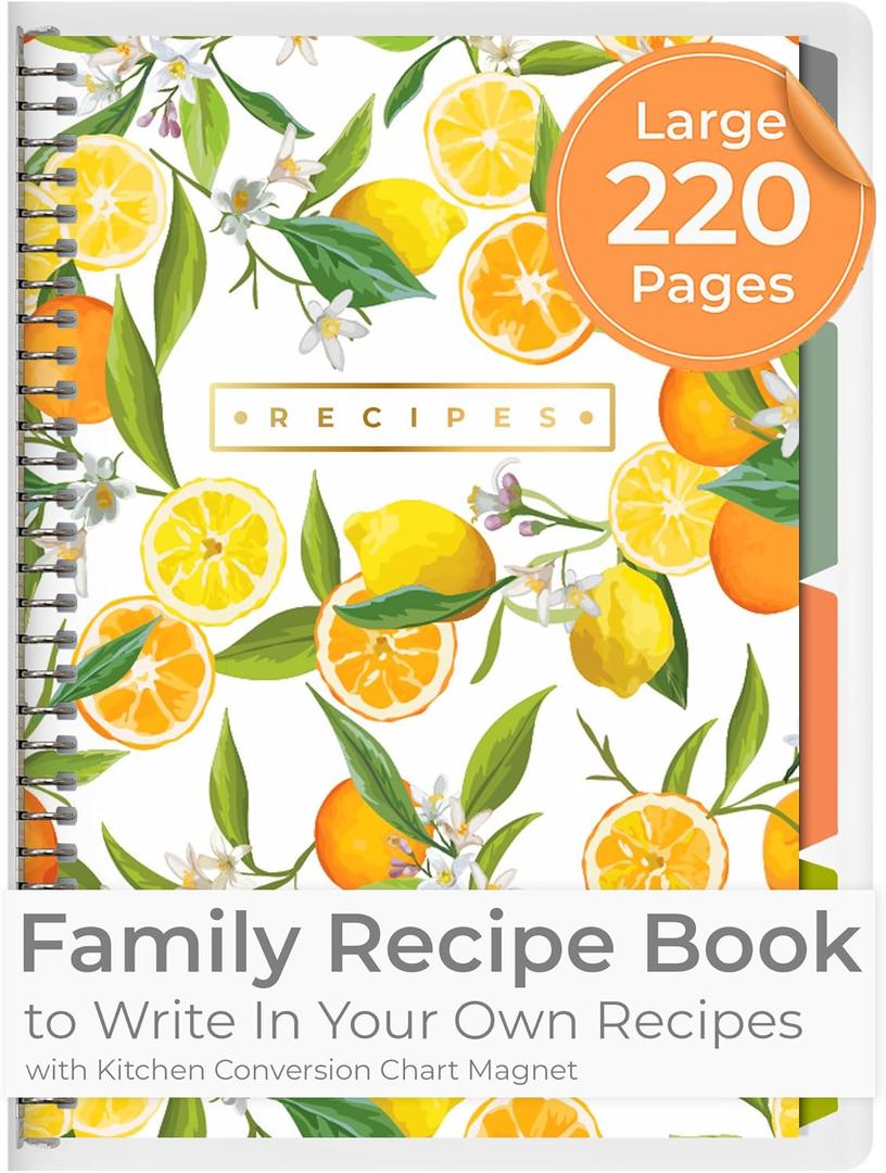 Recipe Book to Write in Your Own Recipes | Handy Kitchen Conversion Chart Magnet Included | Store 220 Recipes, 30 Ring Binder with 8 Dividers | Perfect Family Recipe Journal