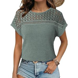 Dokotoo Women's Tops Casual Scoop Neck Short Sleeve Waffle Knit Hollow Out Shirts Loose Tunic Tops Blouses, Size: 2XL