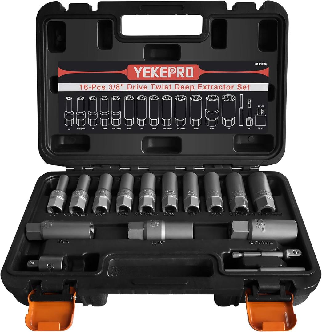 16pcs 3/8" Deep Well Bolt Extractor Set, Spark Plug Removal Extraction Socket Tool, Extractor Set for Damaged, Frozen, Rusted, Rounded-Off Bolts, Studs, Nuts & Screws, Cr-Mo Steel