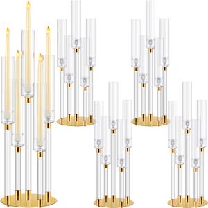 Barydat 4 Pcs Acrylic Candelabra Centerpieces Candle Holder Crystal 5 Arm Candlesticks Holder with Acrylic Shade Pillar Taper Candlestick for Wedding Dinner Party Fit 0.87" LED Candle(Gold,4 Pcs)