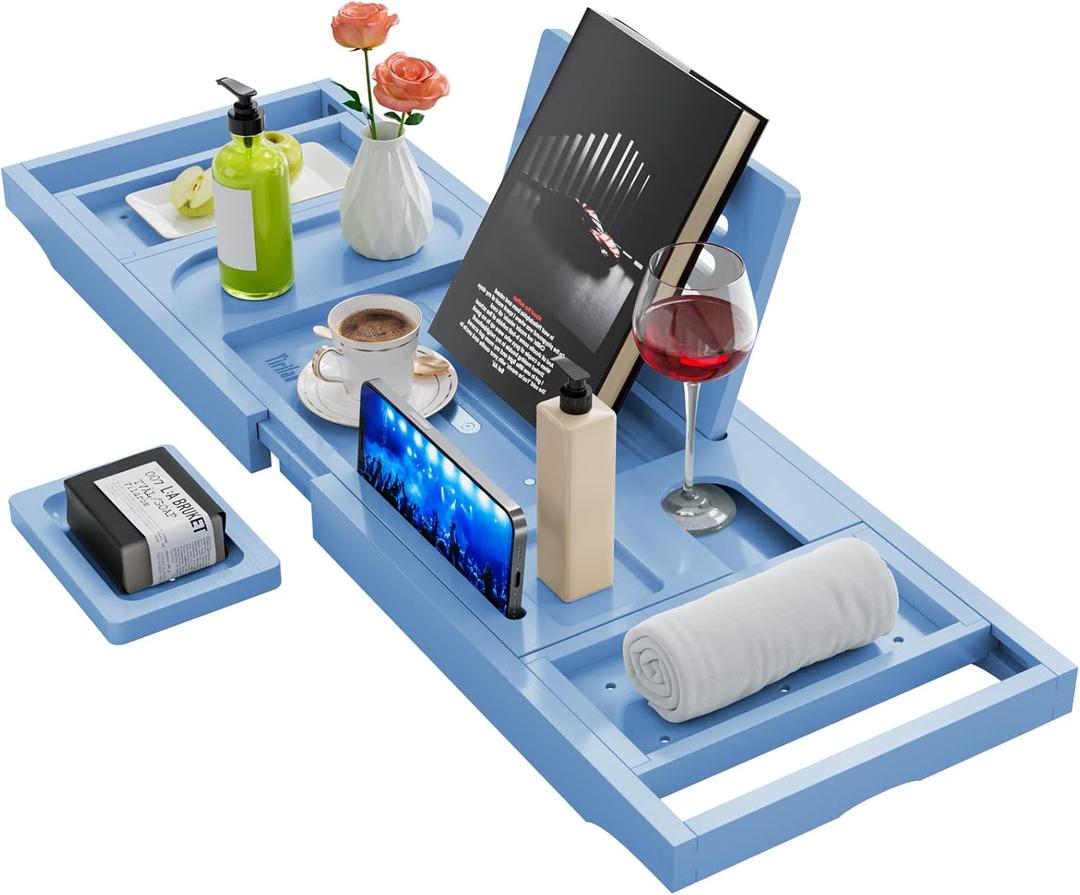 Yirilan Foldable Bamboo Bathtub Tray Caddy, Bathtub Tray, Blue