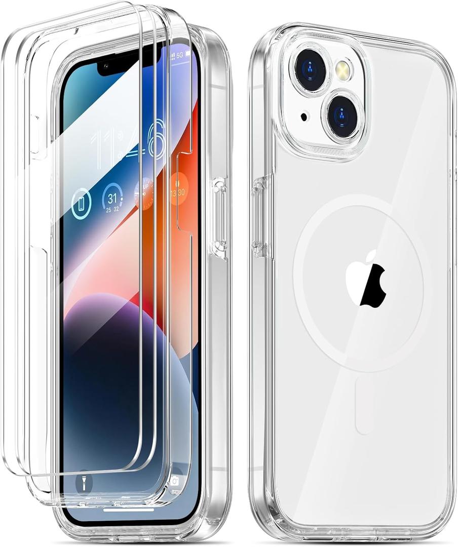 COOLQO Magnetic for iPhone 13 Mini Case [Compatible with MagSafe], with Tempered Glass Screen Protector, Military Grade Protection, Shockproof Protective Phone Case Cover for iPhone 13 mini, Clear (13 mini-5.4 inch)