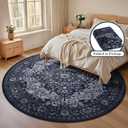 nesrt Boho Round Rugs 8ft for Living Room, Vintage Non-Slip Washable Circle Bedroom Rug, Soft Faux Wool Thin Printed Floor Carpets for Kids Nursery Dining Room Farmhouse Home Office (Navy Blue)