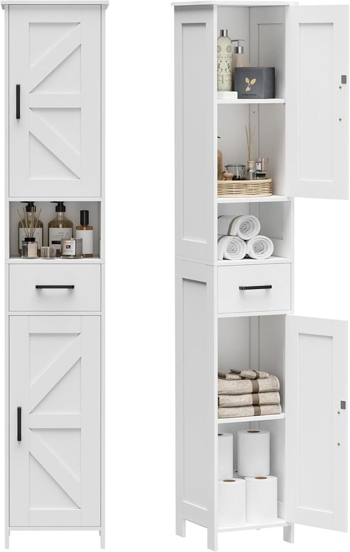 Homhedy 67" H Tall Bathroom Storage Cabinet with 2 Barn Doors and 1 Drawer, Narrow Storage Unit, Adjustable Shelves, Floor Cabinet for Bathroom, Living Room, Entryway, Kitchen, White, (11.8" W), 11.8"D x 11.8"W x 66.9"H