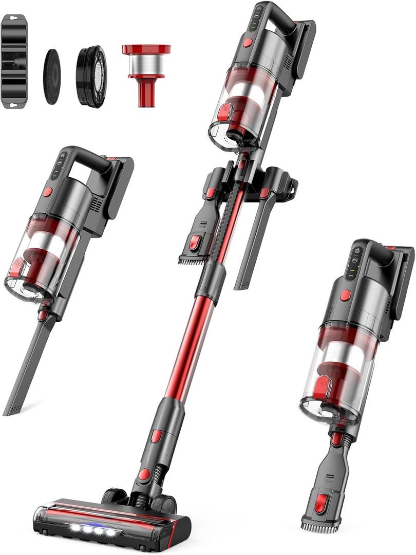 Cordless Vacuum Cleaners, 85,000PRM Wireless Vacuum Cleaner, Powerful Stick Vacuum, Rechargeable Cordless Vacuums for Home with 2 Adjustable Modes (Deep Red)